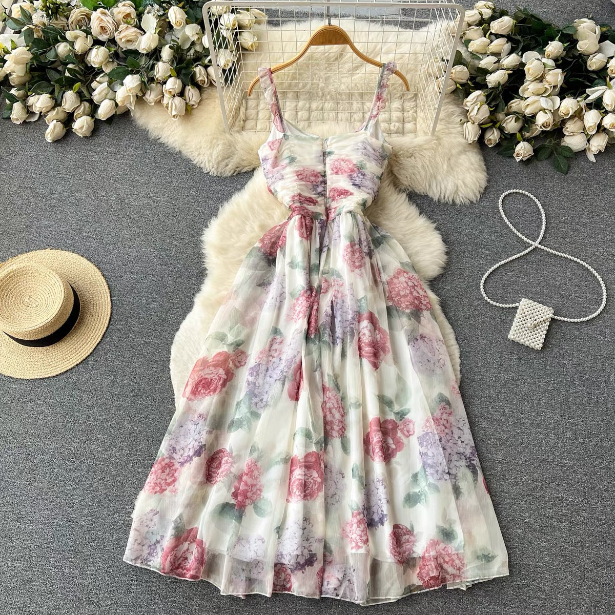 Floral Dress,  Strap V-neck Dress  S4435