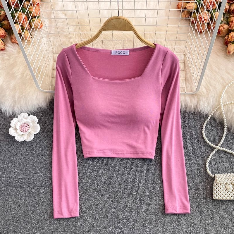 square collar t-shirt with chest pad for women short shirt top long sleeves      S3986