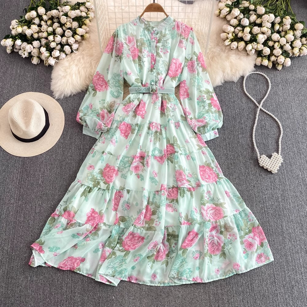 sweet lantern sleeves A-line printed ruffled chiffon dress elegant long skirt      S4092