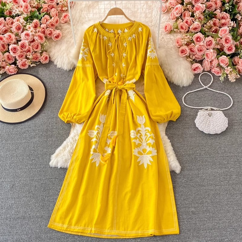 embroidered round neck lantern sleeve long dress bohemian dress for women      S4221