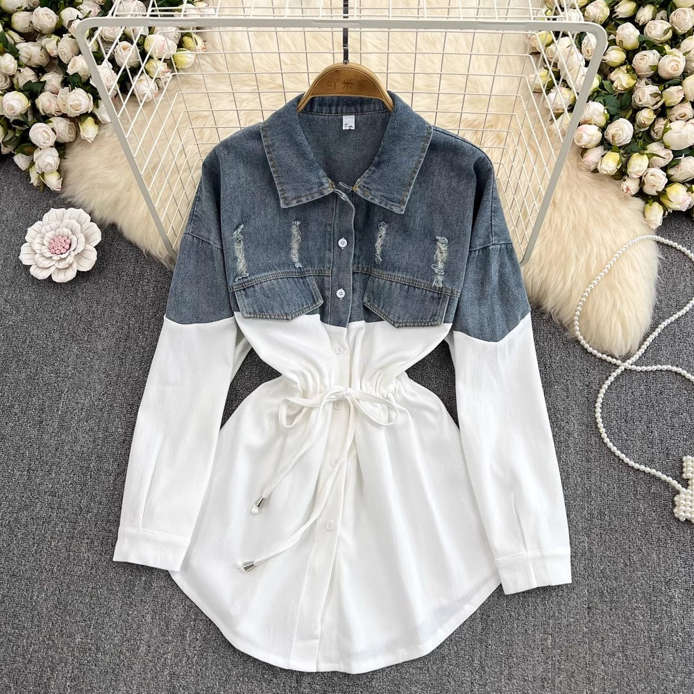 Denim shirt for women new design mid-length top long-sleeved shirt jacket      S4144