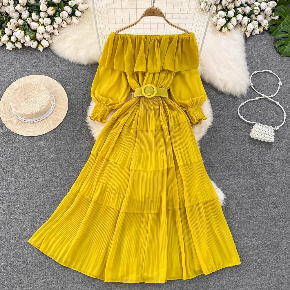 off-shoulder ruffled A-line pleated dress elegant long skirt    S4426