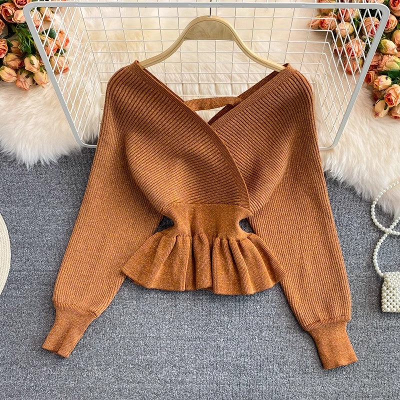 new ruffled short sweater women's V-neck pullover sweater top      S4246