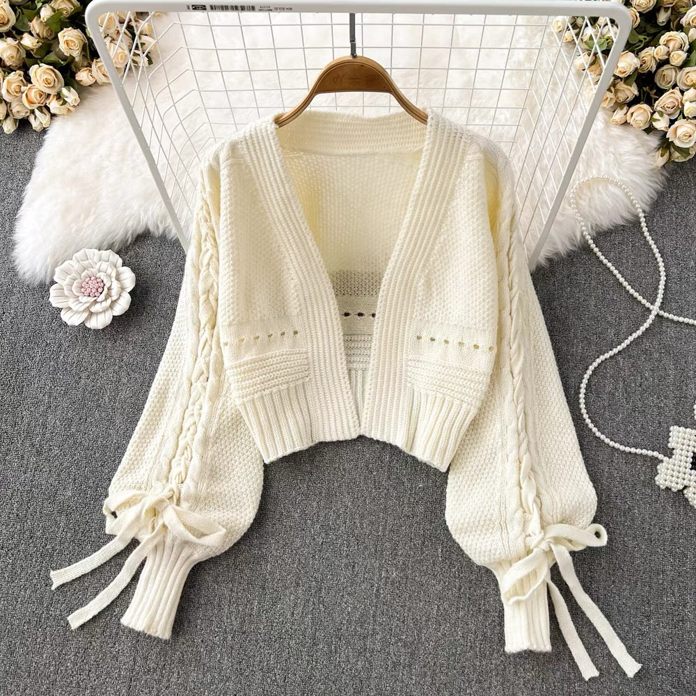 Lantern Sleeve Knitted Cardigan, Casual Bow Tie Short Long Sleeve Top    S4362