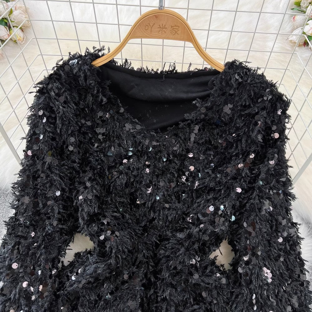 long-sleeved V-neck A-line sparkling sequined furry dress for women     S4336