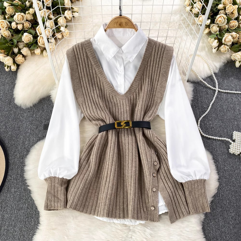 white shirt tops for women knitted vest two-piece set     S4047