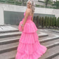 High Low Hot Pink Tiered Prom Dress with Spaghetti Straps,Elegant Graduation Dresses     S3358
