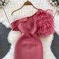 one-sided ruffled sleeves off-shoulder mid-length dress with ruffled sleeves dress     S4306