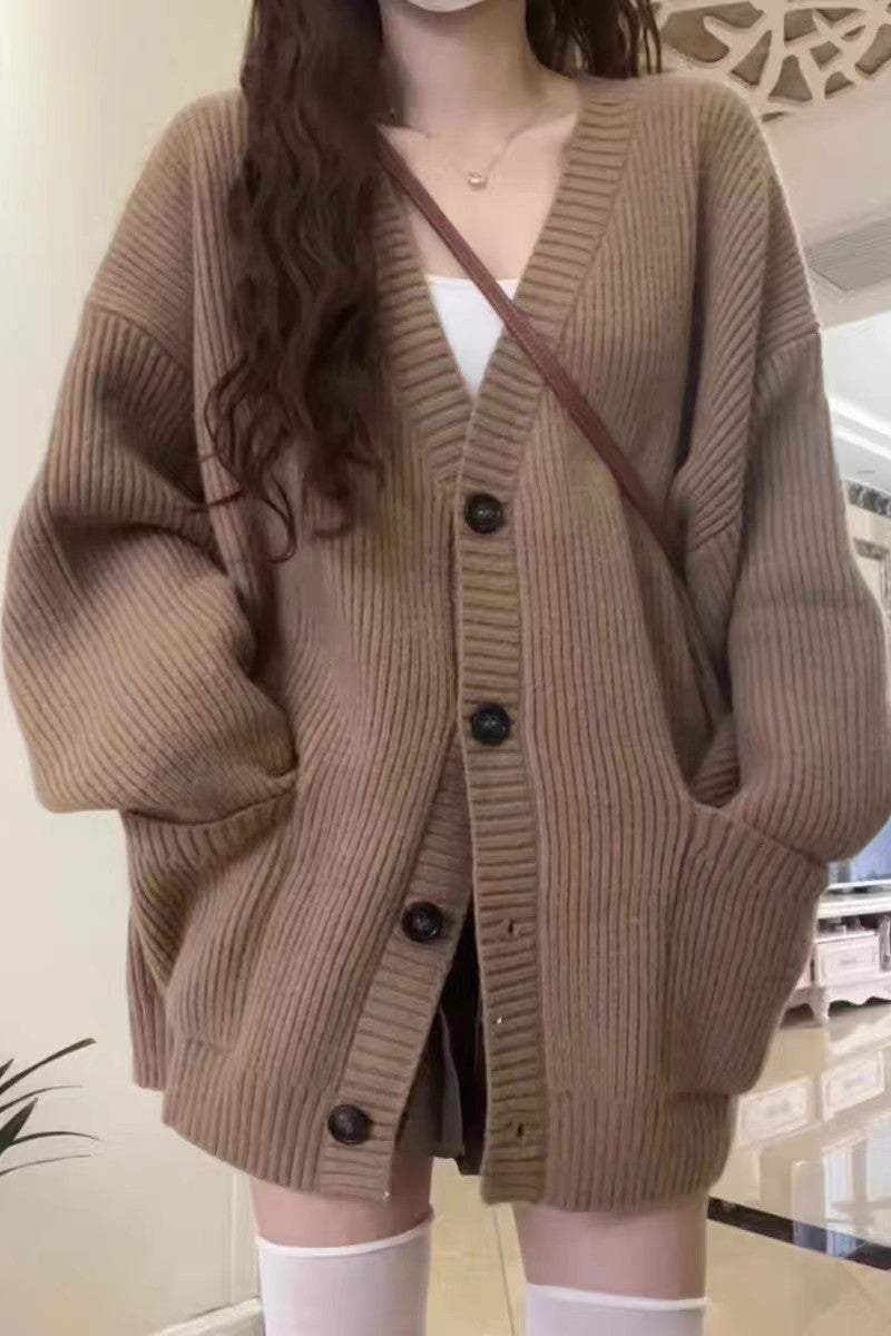 V-neck sweater cardigan women's coat spring loose knitwear top   S3393