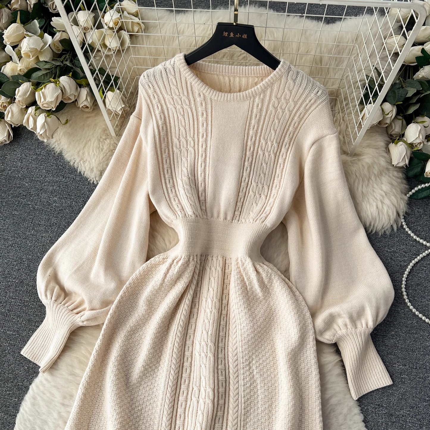 sweater round nec mid-length puff sleeve knitted dress     S4507