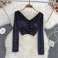 sequin V-neck pleated sexy shirt for women, fashionable short top    S4106