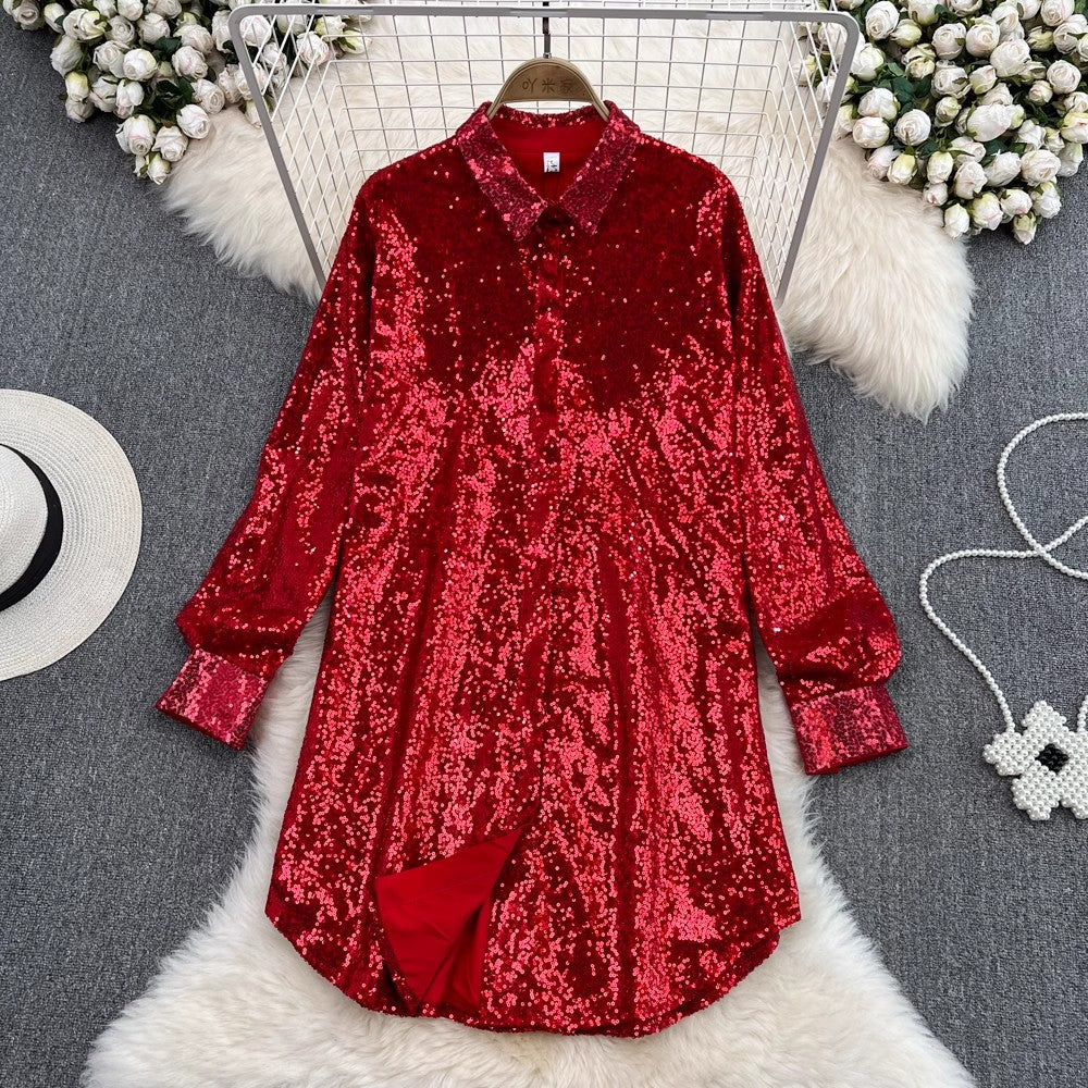 shiny sequined long-sleeved mid-length shirt dress fashionable a-line dress for women    S4207