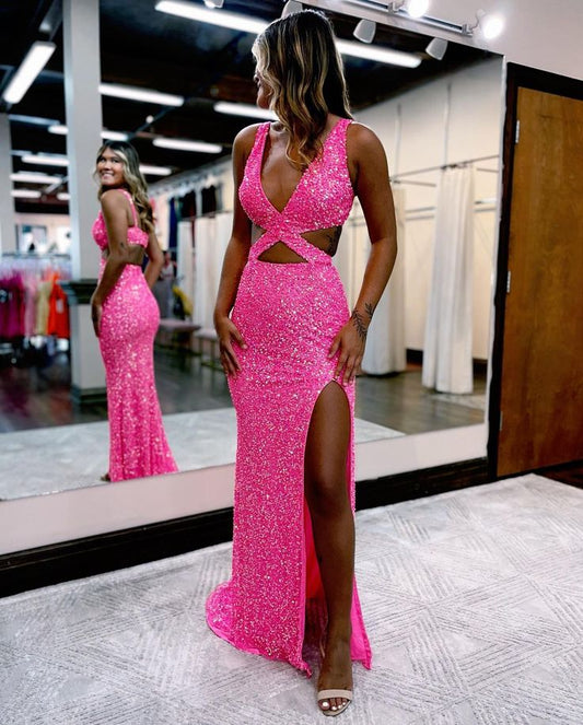 Charming Glitter Mermaid V Neck Hot Pink Sequins Prom Dresses with Slit    S2638