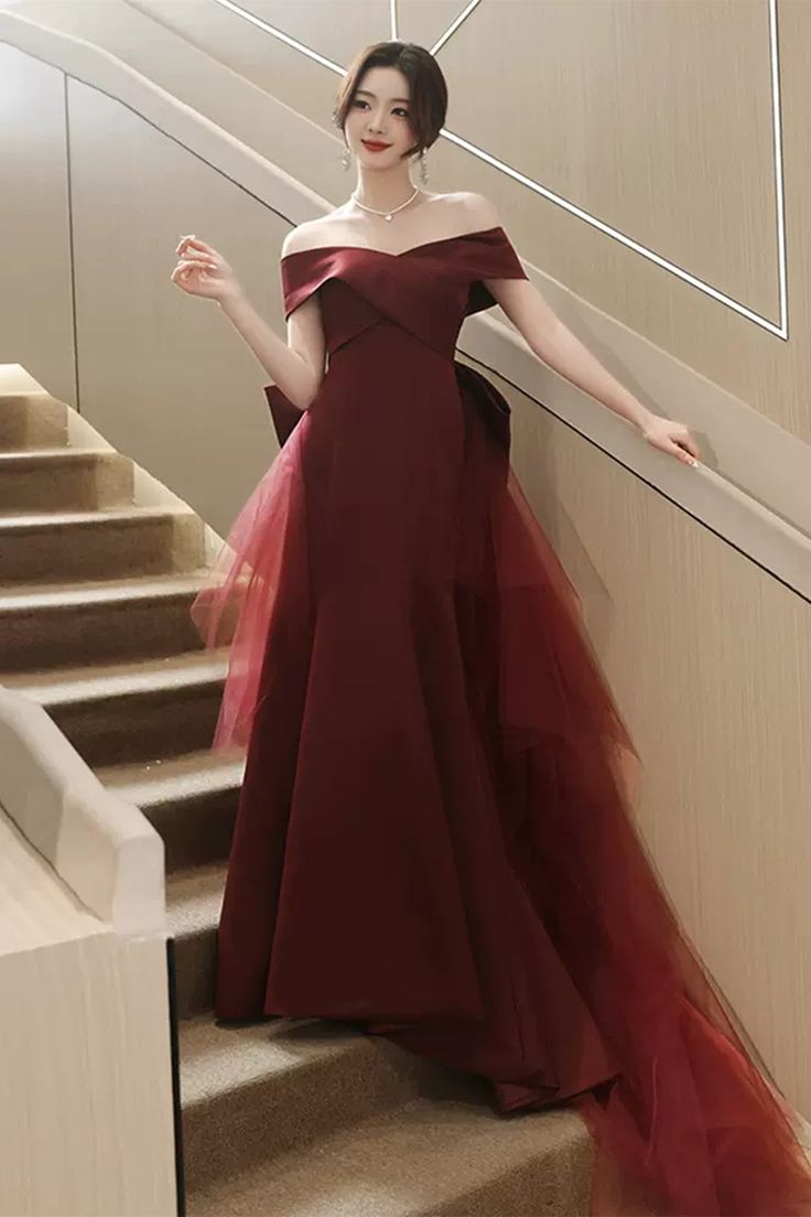 Elegant Off Shoulder Mermaid Burgundy Long Prom Dress, Mermaid Burgundy Formal Dress, Burgundy Evening Dress      S3193