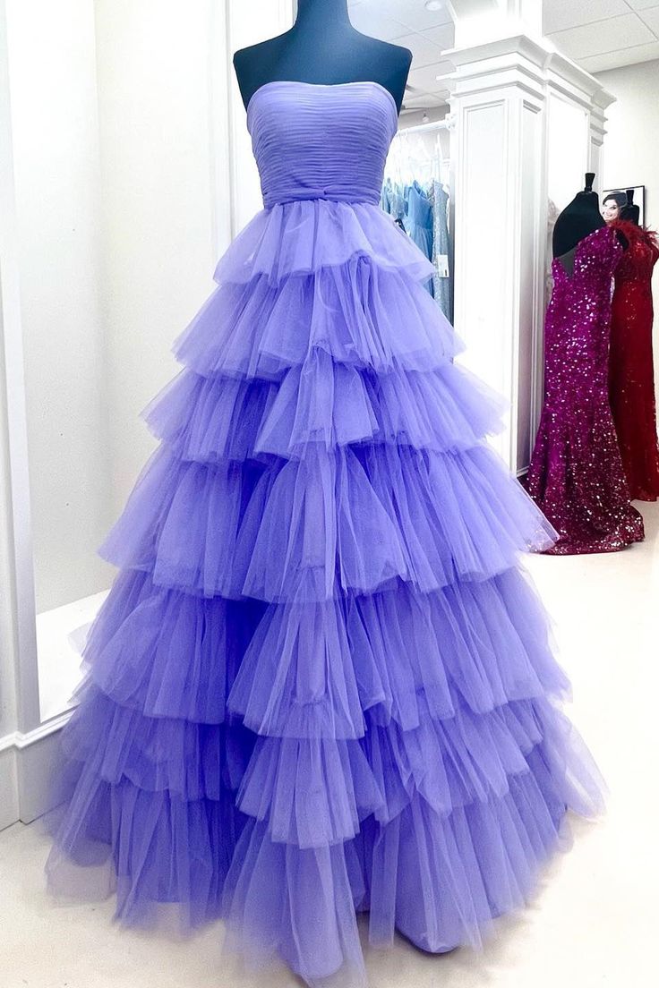 A-line Strapless Pleated Multi-Layers Tulle Long Prom Dress     S3226