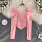 Square Neck Long Sleeve Diamond Waist Women’s Fashionable Short Top      S4242