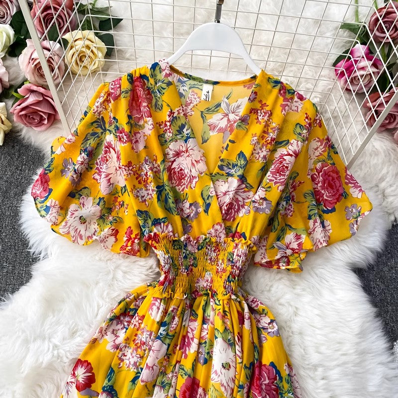 V-neck floral dress bohemian long skirt       S4179