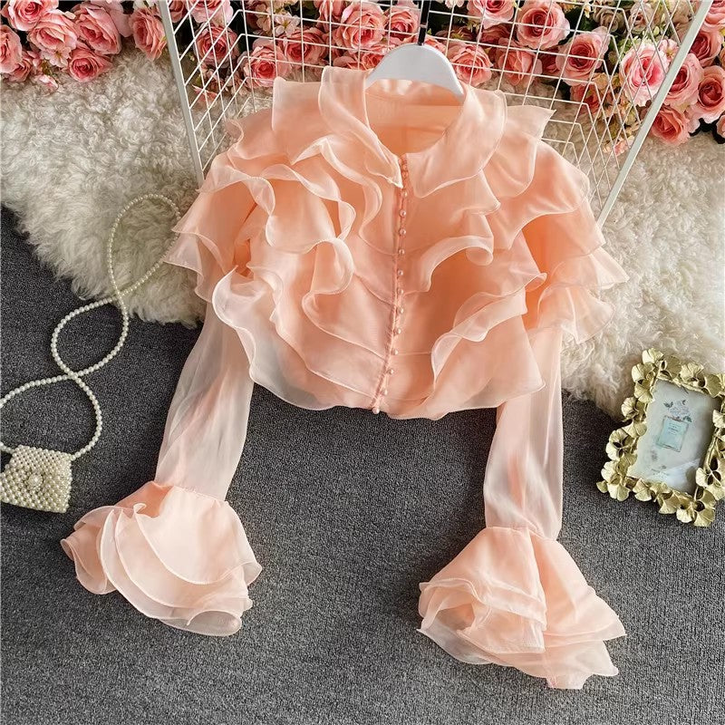 new style layered ruffled organza shirt for women see-through top with bell sleeves      S4234