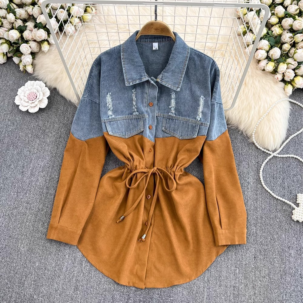 Denim shirt for women new design mid-length top long-sleeved shirt jacket      S4144