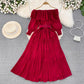 off-shoulder ruffled A-line pleated dress elegant long skirt    S4426