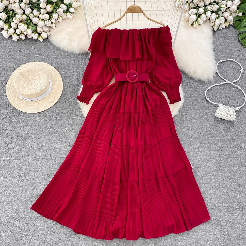 off-shoulder ruffled A-line pleated dress elegant long skirt    S4426