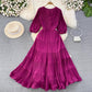 Puff short-sleeved V-neck A-line chiffon dress Elegant long skirt      S4285