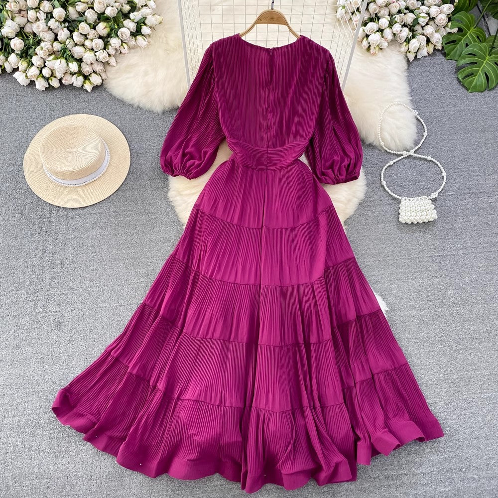 Puff short-sleeved V-neck A-line chiffon dress Elegant long skirt      S4285