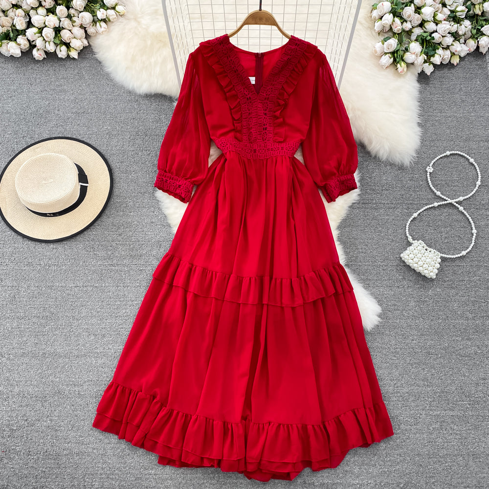 Cute A-line Chiffon Dresses, V-neck 1/2 Sleeve Fashion Dresses     S4413