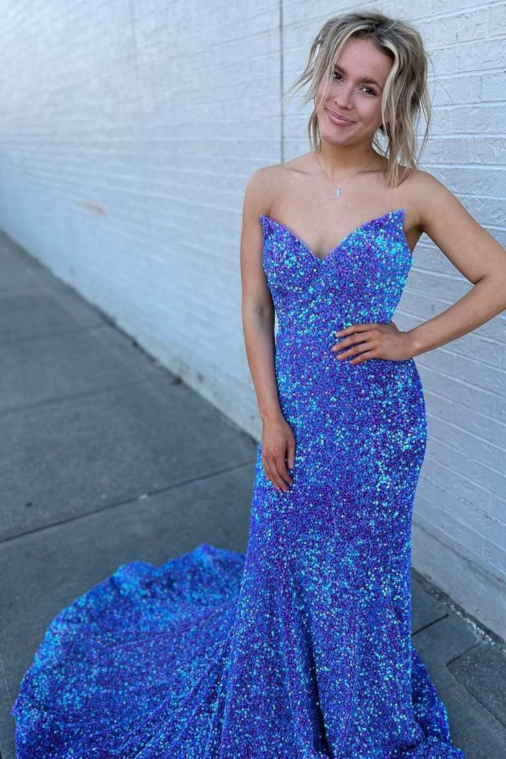 Iridescent Sequin Strapless Lace-Up Mermaid Long Prom Dress      S3636