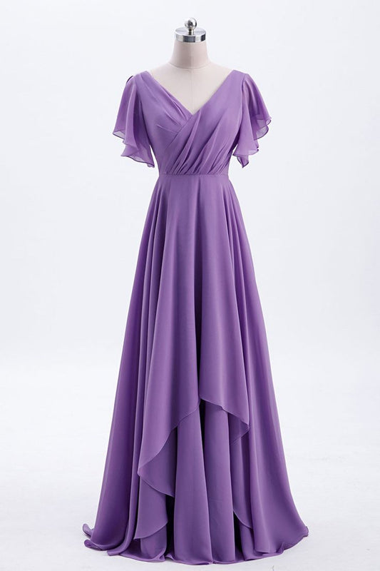 Flutter Sleeves Lavender Chiffon A-line Long Bridesmaid Dress      S3493