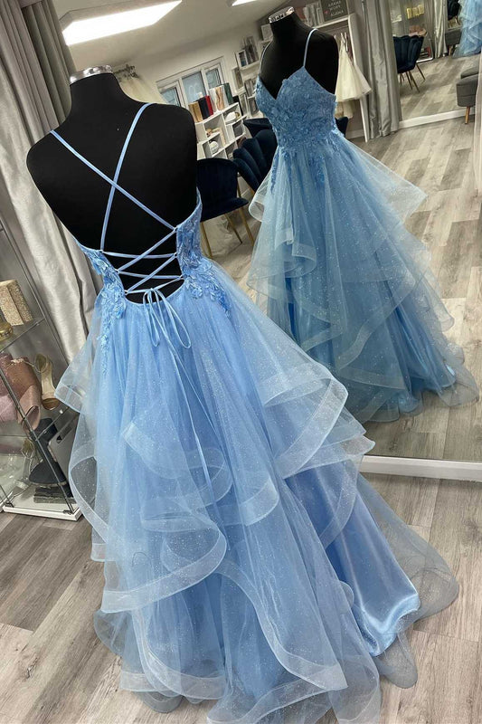 Blue Floral Appliques Lace-Up Tiered A-Line Prom Dress      S2611