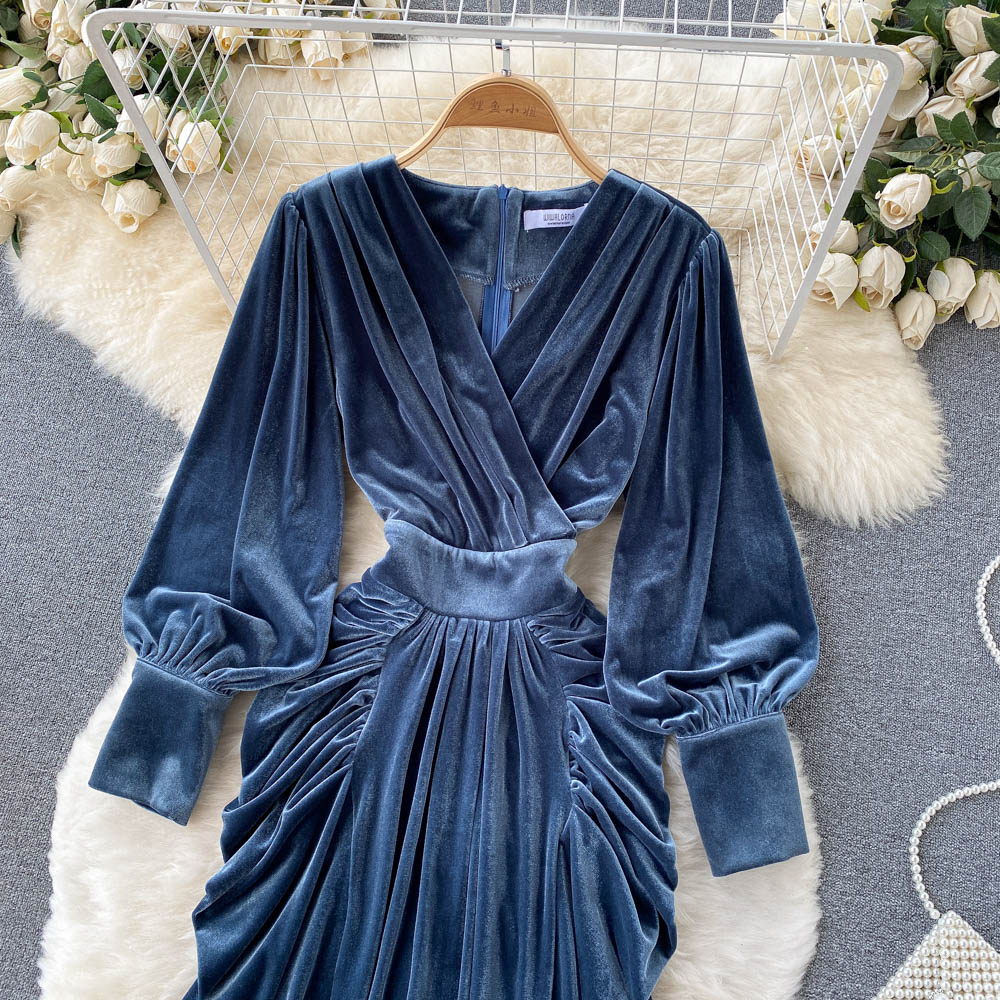 Blue V-neck Velvet Dress, Long Sleeve Fashion Dress    S4411