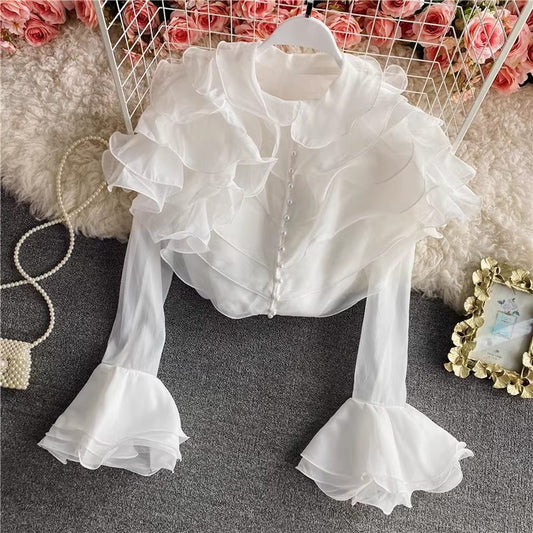 new style layered ruffled organza shirt for women see-through top with bell sleeves      S4234