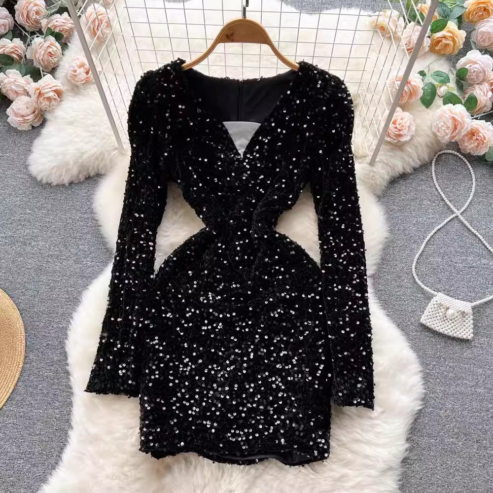 New sexy design sequined V-neck long-sleeved dress    S4543