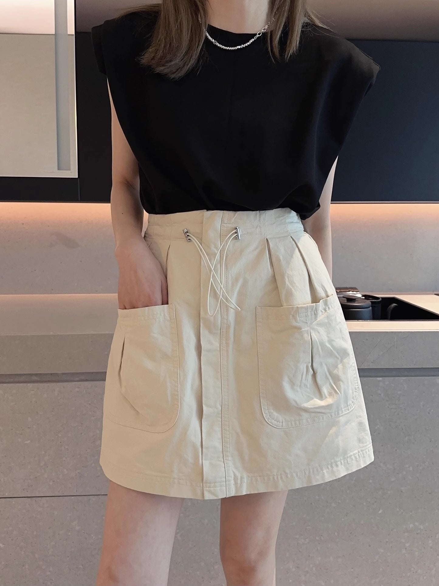 Women's Summer New Drawstring Elastic High Waist Big Pocket Skirt     S3414