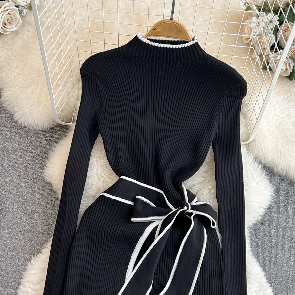 chic long-sleeved mid-length knitted dress     S4212