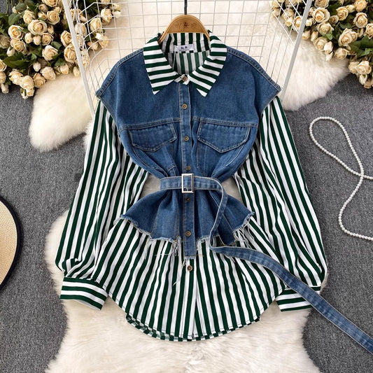 Denim Vest Spliced Striped Shirt Women's Casual Irregular Top    S4051