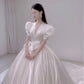 V-neck Puff Sleeves Newest Wedding Dresses, Luxury A-line Bridal Gowns      S3556
