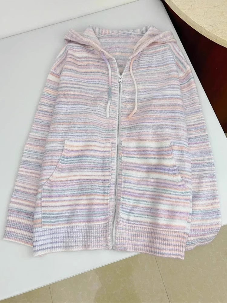 Rainbow striped knitted cardigan jacket women's hot style sweater    S3404