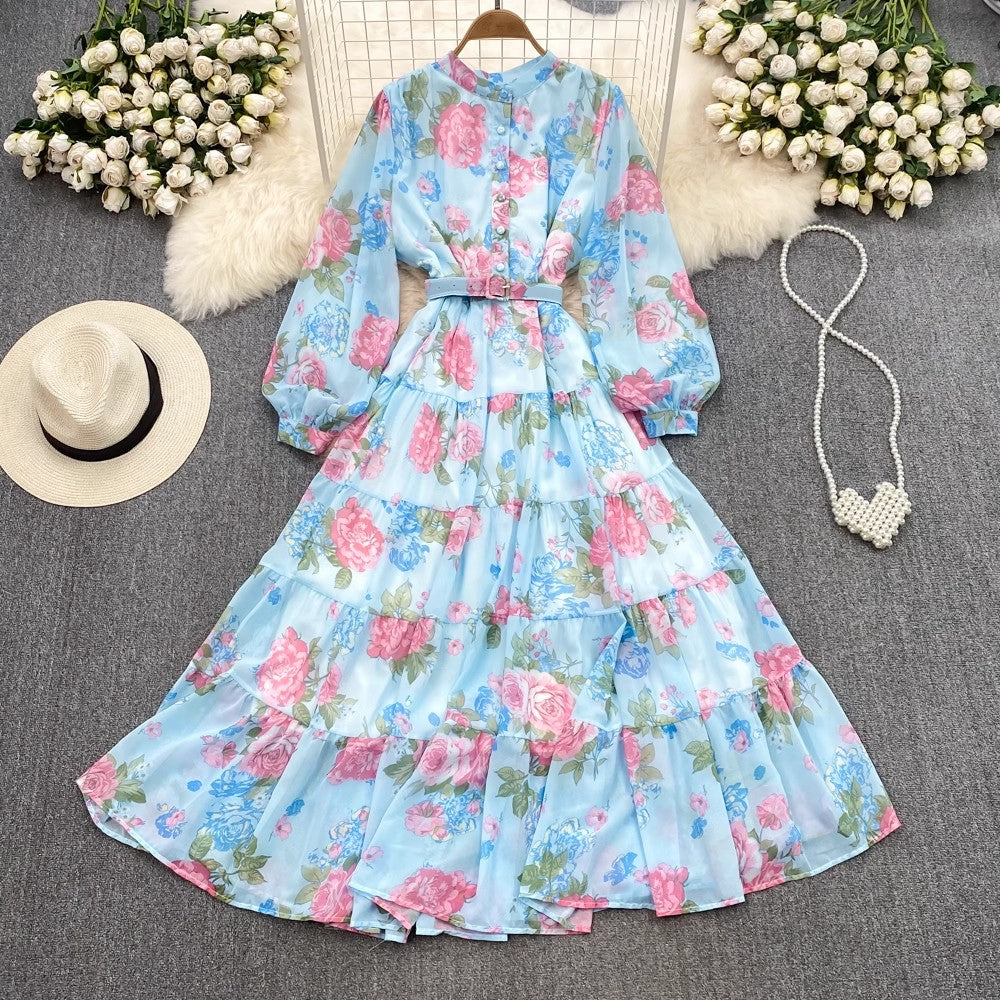 sweet lantern sleeves A-line printed ruffled chiffon dress elegant long skirt      S4092