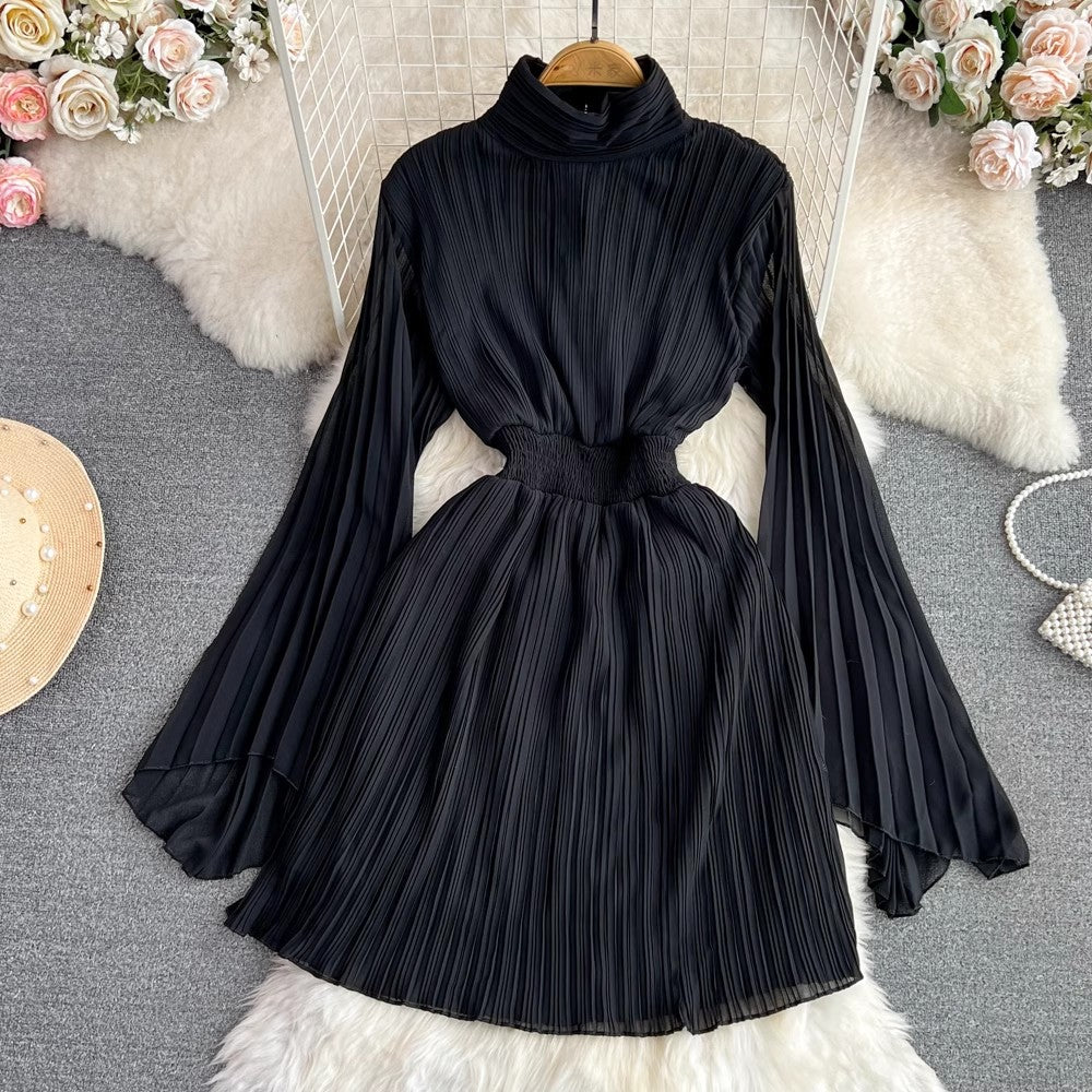 long-sleeved A-line chiffon pleated dress     S4050