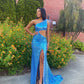 Cute Mermaid One Shoulder Royal Blue Sequins Prom Dresses with Slit          S3652