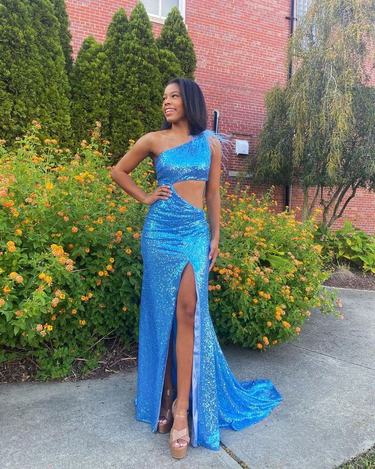 Cute Mermaid One Shoulder Royal Blue Sequins Prom Dresses with Slit          S3652