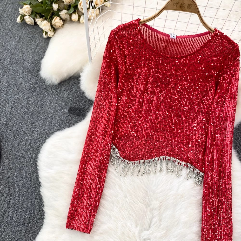 Fashionable sexy long-sleeved round neck sequins tassel T-shirt women's fashionable short top        S4217