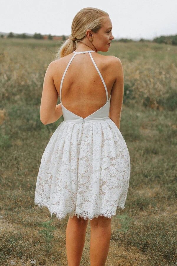 Ivory Lace A-line Backless Halter Homecoming Dresses, Short Party Dresses       S3141