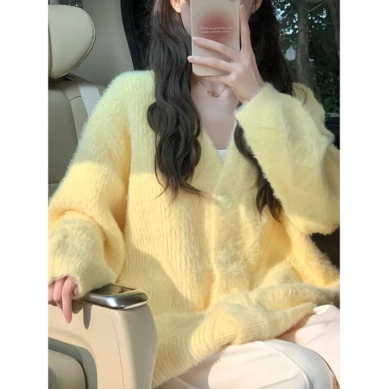 Yellow V-neck knitted cardigan women's sweater jacket tops      S3401