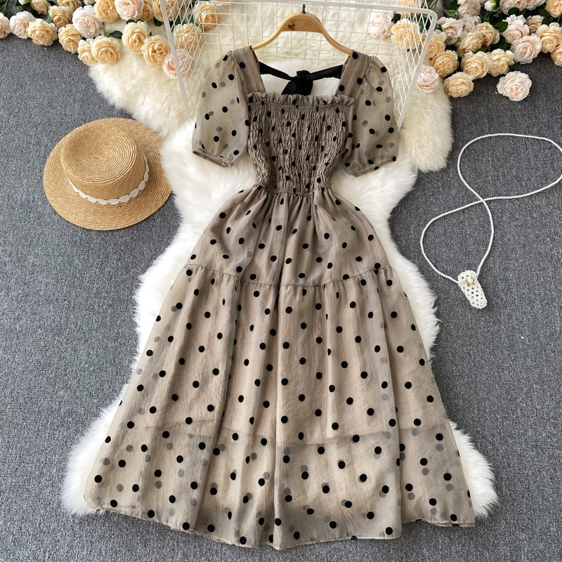 Vintage Square Neck Polka Dot Puff Sleeve Dress     S4458