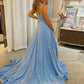 Blue A-Line/Princess Long Sequin Backless Evening Dresses With Straps       S3726