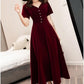 Wine Red Tea Length Short Sleeves Vintage Style Party Dress, Velvet Bridesmaid Dress   S3248