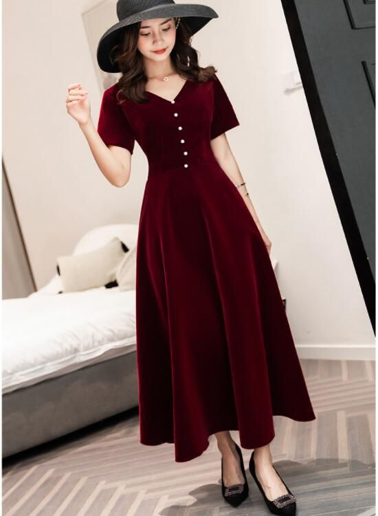 Wine Red Tea Length Short Sleeves Vintage Style Party Dress, Velvet Bridesmaid Dress   S3248